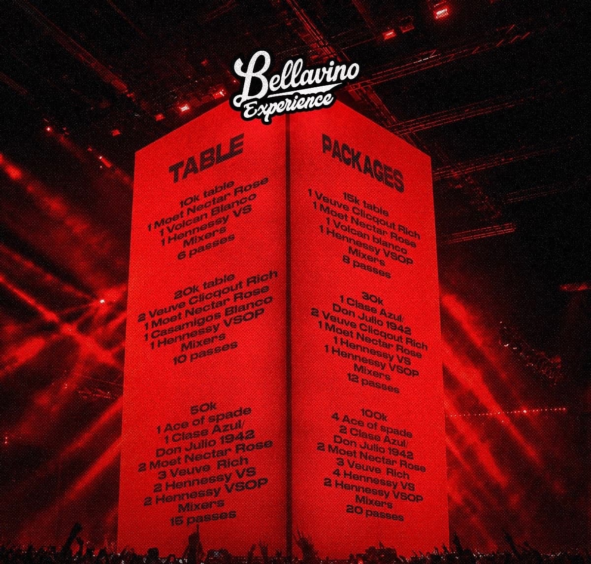 Table packages. 10k table: 1 Moët Nectar Rosé, 1 Volcán Blanco, 1 Hennessy VS, mixers, 6 passes. 15k table: 1 Veuve Clicquot Rich, 1 Moët Nectar Rosé, 1 Volcán Blanco, 1 Hennessy VSOP, mixers, 8 passes. 20k table: 2 Veuve Clicquot Rich, 1 Moët Nectar Rosé, 1 Casamigos Blanco, 1 Hennessy VSOP, mixers, 10 passes. 30k: 1 Clase Azul or Don Julio 1942, 2 Veuve Clicquot Rich, 1 Moët Nectar Rosé, 1 Hennessy VS, 1 Hennessy VSOP, mixers, 12 passes. 50k: 1 Ace of Spades, 1 Clase Azul or Don Julio 1942, 2 Moët Nectar Rosé, 3 Veuve Rich, 2 Hennessy VS, 2 Hennessy VSOP, mixers, 15 passes.